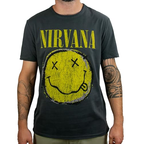 Amplified - Nirvana Rock Band Men's T-Shirt - Worn Out Smiley (Grey) (S-XL)